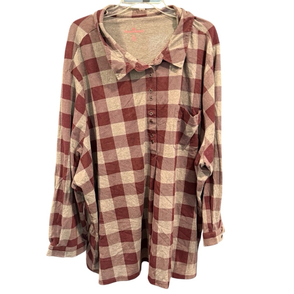 Woman Within Maroon and Gray Plaid Button Up Shirt, Size 5X